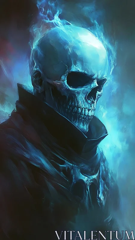 Flaming blue skull wreathed in spectral light stands alone.