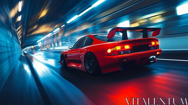 Red sports car racing through illuminated tunnel at speed.