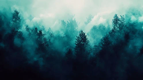 Misty Coniferous Forest Landscape with Atmospheric Depth Gradient.