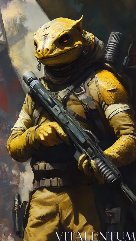 Reptilian mercenary guards urban corridor with heavy rifle