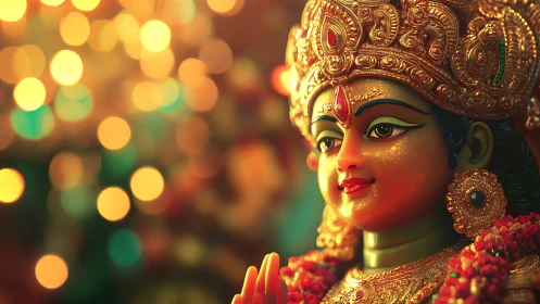 Ornate goddess idol rendered with luminous bokeh depth of field