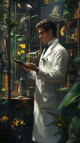 Bookish ornithologist conjuring birds in a living library.