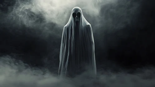 Ghostly robed figure in dense surrounding atmospheric fog.