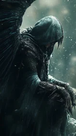Hooded winged figure sits in profile under diffuse snowfall
