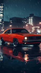 Red muscle car stands on wet city street in night rain