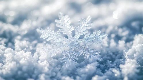 Delicate winter snowflake sparkling in soft morning light.