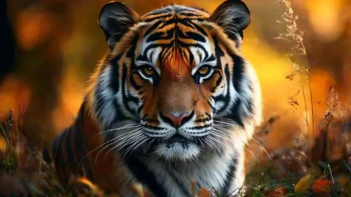 Majestic tiger portrait in autumn bokeh light and warm tones.