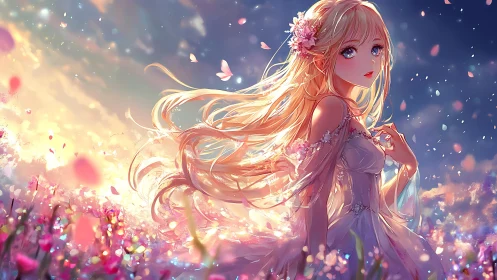 Blonde figure stands in flower field under diffuse evening light