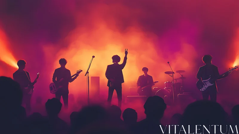 Silhouetted rock band under neon stage haze at dusk glow.
