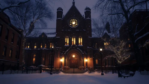 Gothic brick church facade lit warmly on snowy winter night