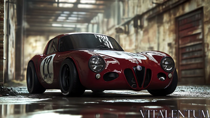 Low-slung vintage race car gleaming in abandoned warehouse.