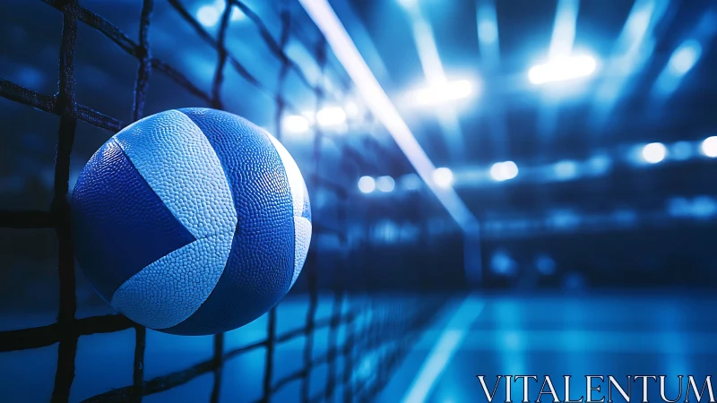 Blue volleyball caught in motion under electric arena lights.