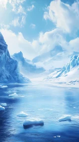 Quiet blue glacier bay under high clouds and soft sun.