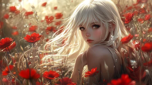 Blonde girl gazes back amid sunlit red poppy meadow