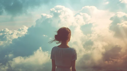 Soft skies cradle a quiet girl lost in gentle daydreams