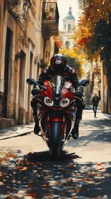 Motorcyclist rides sportbike through narrow sunlit street