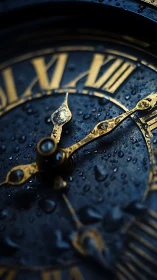 Gleaming golden clock hands hold steady under soft raindrops