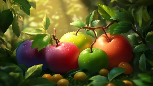Luminous orchard fruits with dewdrops in lush foliage glow.