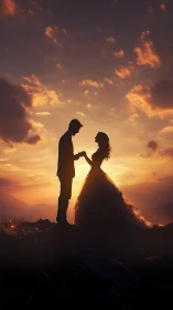 Silhouetted Couple Embracing at Golden Hour.