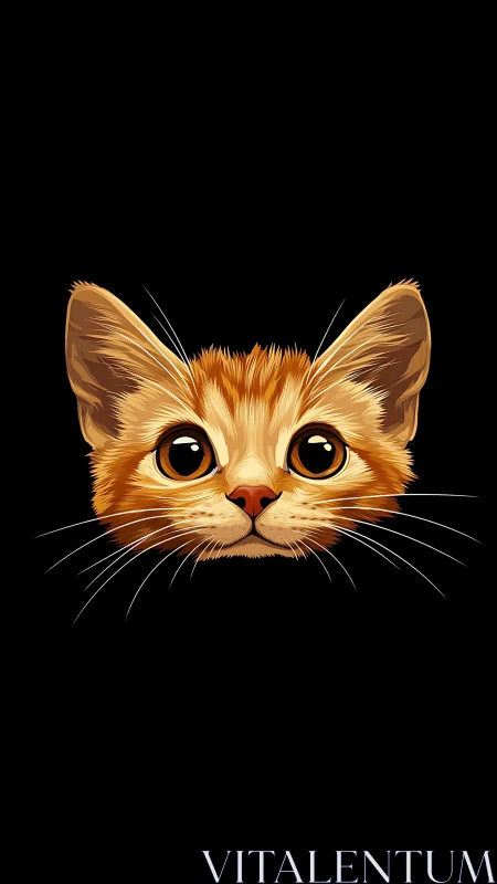 Wide-eyed ginger kitten peeking from friendly midnight void.