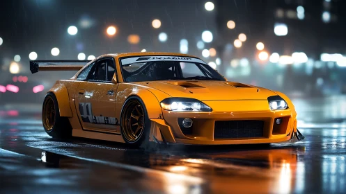 Widebody orange race car under neon rain at night city street.