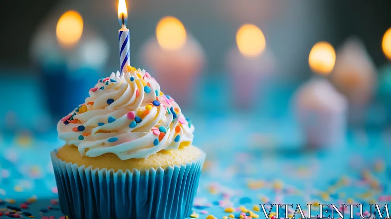 Birthday Cupcake with Lit Candle and Colorful Sprinkles