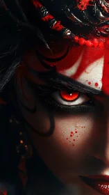 Bloodfire gaze of the painted demon queen in shadowed silence.
