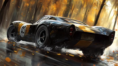 Black racing car on wet forest road in autumn light.