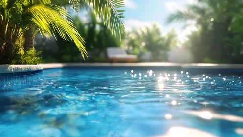 Outdoor swimming pool with palm foliage and sunlight reflections.