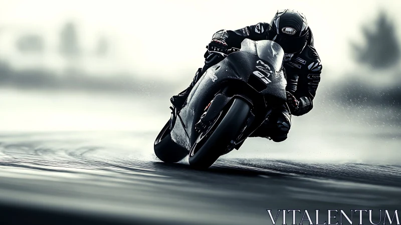 Motorcycle racer leans into wet track corner at high speed