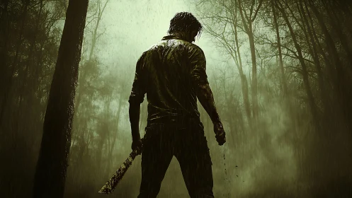 Silhouetted man with machete stands in dark rainy forest