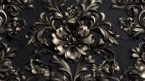 Luxurious Baroque Floral Pattern in Metallic Black and Gold Style.