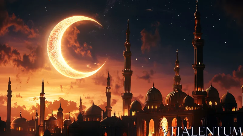 Glowing crescent moon watching over a twilight skyline.