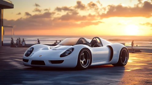 White roadster is parked on a coastal promenade at sunset