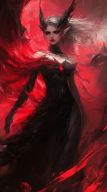 Demonic sorceress ascends in crimson vortex of ethereal fire.