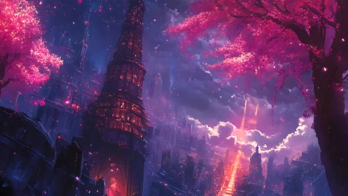 Digital painting of neon spire city beneath luminous sakura canopy.