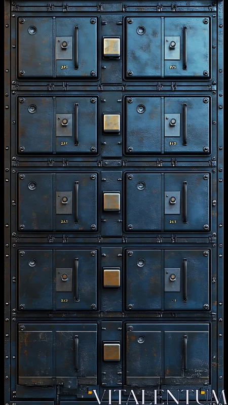 Vertical array of industrial metal access panels in blue.