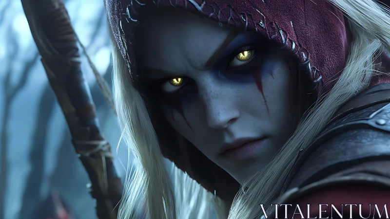 Elven huntress close-up with glowing eyes in icy forest.