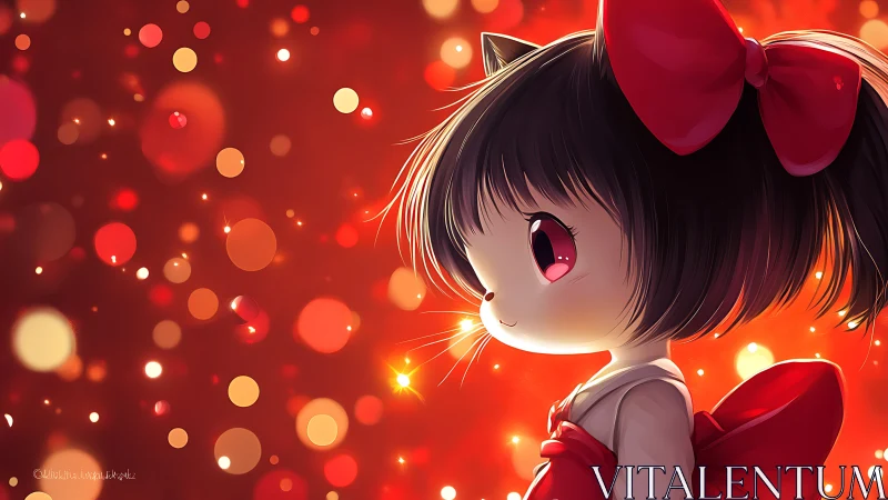 Chibi catgirl with red bow gazes into glowing bokeh lights