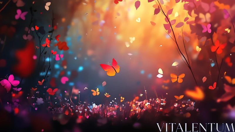 Twilight meadow of glowing butterflies in gentle motion.