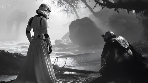 Stormtrooper figures in misty swamp with armored ally.