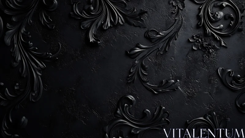 Baroque black relief scrollwork on textured matte surface.