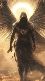 Hooded angel strides through golden light in a radiant storm