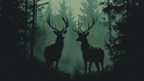Stag silhouettes stand within deep green misty forest