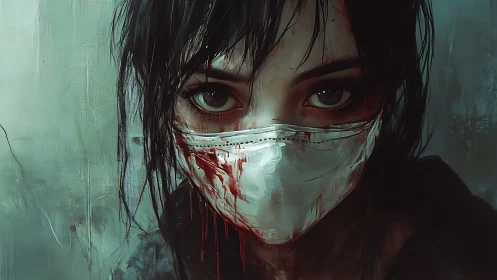 Digital painting of masked survivor with bloodstained detail.