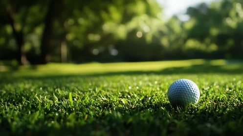 Quiet tee-time moment with a sunlit golf ball on grass.