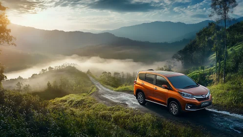 Orange SUV is parked on a wet rural mountain road at sunrise