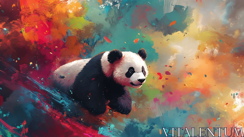 Playful panda moves through vivid abstract color storm