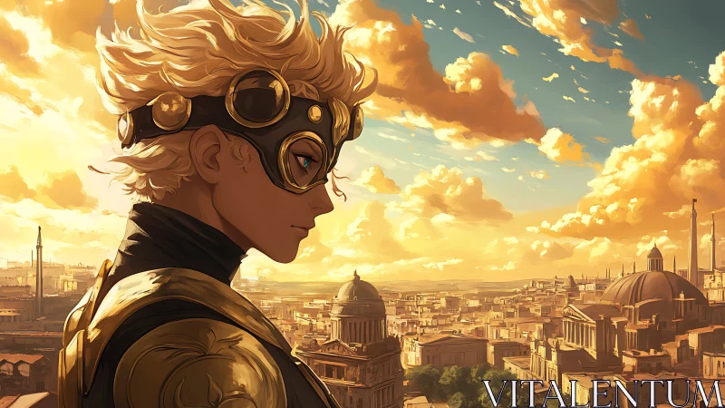 Golden sky guardian gazes over a sunlit ancient city