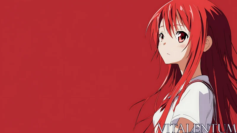 Scarlet haired anime girl in contemplative side profile.